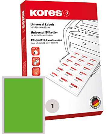 Kores färgade universella etiketter, 210 x 297,0 mm, 100 ark, grön
