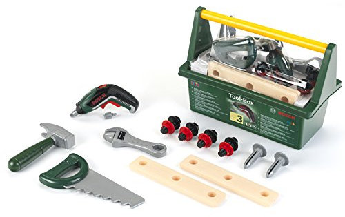 Theo Klein 8345 Bosch Werkzeug-Box I Mit batteriebetriebenem Akkuschrauber Ixolino und zahlreichem Zubehör wie Hammer, Säge u.v.m. I Spielzeug für Kinder ab 3 Jahren