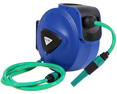 HELO Wasserschlauchtrommel Automatik Schlauchtrommel mit 20 m Schlauch (1/2“), Einzugsautomatik, Arretierstopp und 180° Wandhalterung, 2 m Zuleitung, Schnellkupplung und Spritze