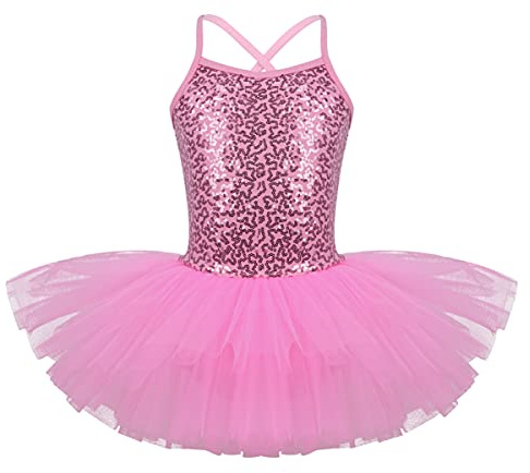 iEFiEL Mädchen Kleid Ballettkleid Kinder Ballett Trikot Ballettanzug mit Tütü Röckchen Pailletten Kleid in Weiß Rosa Türkis (122-128, Rosa)