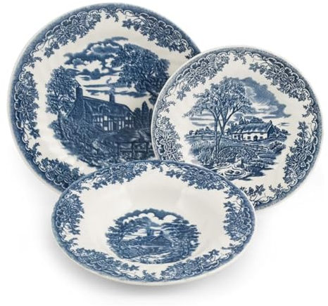 Piatti Churchill BrookBlue da Tavola, 18 Pezzi, Bianchi e Blu