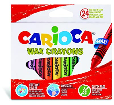 CARIOCA Pastelli Maxi Wax, Pastelli a Cera Lavabili con Punta Grossa per Bambini, Morbidi e Scorrevoli, Colori Assortiti e Brillanti, Facili da Temperare, 24 Pezzi