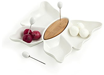 Brandani 55755 Antipastiera Farfalla porcellana bianca con tre forchettine bamboo
