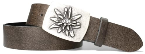 FRONHOFER Trachtengürtel Damen Herren Ledergürtel Echtleder 4 cm, Edelweiß Gürtelschnalle 7 x 5 cm, Wechselgürtel Druckknopf, Bundweite 95-125 cm, Dirndl Lederhose Oktoberfest, Made in Germany