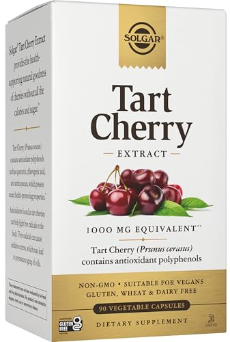 Solgar Tart Cherry 1000 mg, 90 Vegetable Capsules - Antioxidant with Quercetin, Chlorogenic Acid & Anthocyanins Compounds - Non-GMO, Vegan, Gluten Free, Dairy Free - 90 Servings