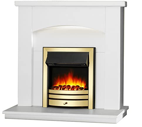 Endeavour Fires New Cayton Electric 42Fireplace Suite, fitted with Brass Trim and Fret, 220/240Vac 1&2kW with 7 day Programmable Remote Control Heater in off white MDF Surround