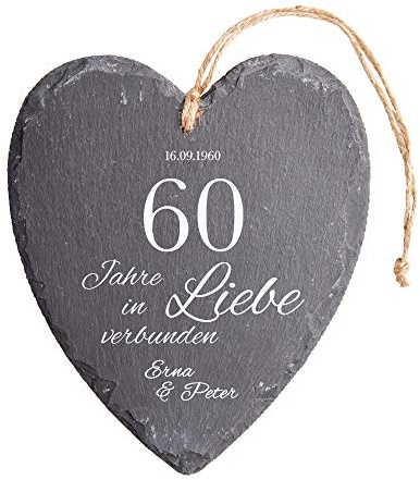 Casa Vivente Schieferherz mit Gravur zur Diamantenen Hochzeit, Personalisiert mit Namen und Datum, Wanddeko mit Juteband zum 60. Hochzeitstag