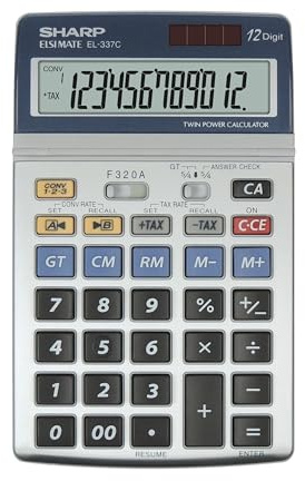 Sharp EL-337C Skrivbordsräknare (12 siffror, rörlig LCD-skärm, sol- och batteridrift) silver
