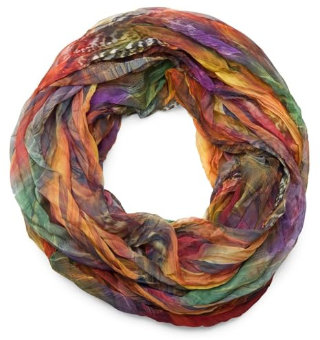 styleBREAKER Sciarpa ad anello in stile batik con motivo a piume, effetto stropicciato, leggera e setosa, 01016064, colore:Colorato