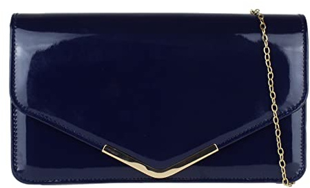 Girly HandBags Beautiful Patent Faux Leather Metallic Frame Envelope Clutch Bag Shoulder Bag Party Evening Wedding - Navy