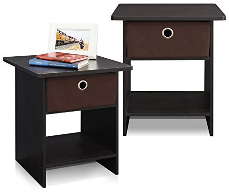 Furinno DARIO Side Table Set of 2, End Table with Storage Bin, Round Corner Night Stand, Bedside Table with Open Back Shelf, for Living Room, Bedroom, Espresso