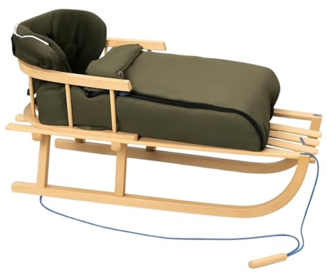 Holzschlitten Kinderschlitten Rodelschlitten Schlitten Klassischer aus Buchenholz mit Rückenlehne mit Winterfußsack aus Holz 90cm | 10 Farben (Dunkelgrün)