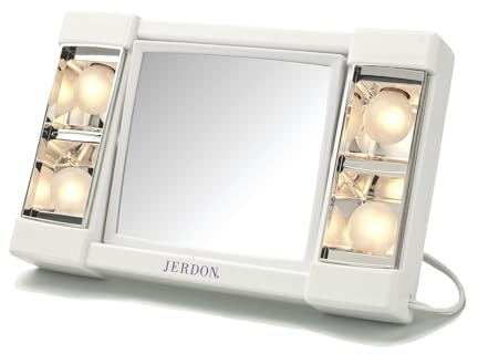 JERDON Two-Sided Makeup Mirror with Lights - Vanity Mirror with 3X Magnification & Glare-Free Lighting - White Base - Model J1010