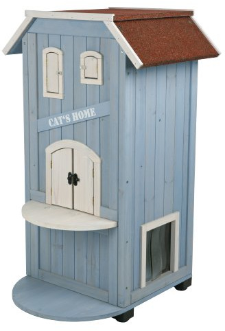 TRIXIE 'Cat's Home' Outdoor Cat House, Weatherproof 3-Story Cat House, Hinged Shutters with Latch & Perch, 2 Doors, Outdoor Shelter for Cats and Small Animals, Blue / White Pine Wood