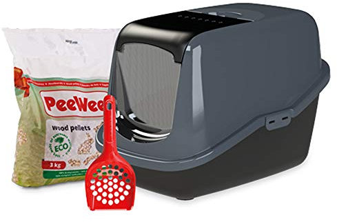 Katzentoilette PeeWee EcoHus Katzenklo mit Haube Katzen WC geschlossen inkl. 3kg Streu Holzpellets, Farbe:Schwarz-Anthrazit