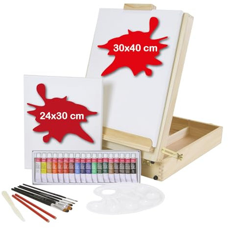 Paintersisters® Malset LUCA – Künstlerkoffer aus FSC®-Kiefernholz mit Tischstaffelei, 12×12 ml Acrylfarben, 75 ml Titanweiß, Pinselset, Mischpalette & Leinwand 25×35 cm – Komplettset für Einsteiger