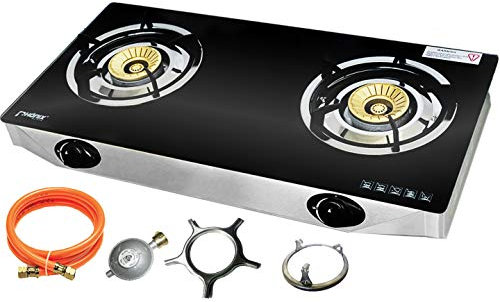 Phönix PS-2, fornello a gas a 2 fuochi, 8 kW, LPG, in vetro, piano cottura a gas con dispositivo di sicurezza di accensione, incluso regolatore del tubo del gas