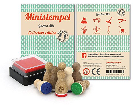 Stemplino Stempelset Garten - 8 Ministempel aus Holz plus Stempelkissen, Mini Stempel Set Mix