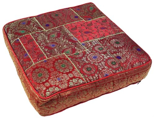 GURU SHOP Orientalisches Patchwork Kissen 50 cm, Bodenkissen, rot | Eckiges Sitzkissen, 100% Viskose, Reißverschluss, einzigartiges Design, gemütlich und praktisch für jeden Raum.