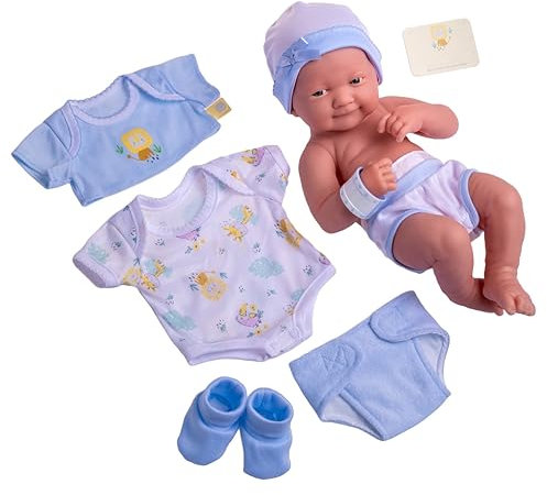 JC Toys- La Newborn Neugeborene Puppe, 38 cm, weiches Vinyl, mit Kleidung und 8 Accessoires, blau, entworfen in Spanien von Berenguer, +2 Jahre alt