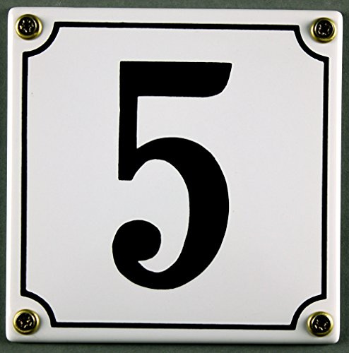 Emaille Hausnummernschild - Wählen Sie Ihre Nummer Zahlen 1 bis 30 verfügbar - weiß/schwarz 12x12cm und 12x14cm - sofort lieferbar! Hausnummer Schild wetterfest und lichtecht (5 weiß/schwarz 12x12cm)