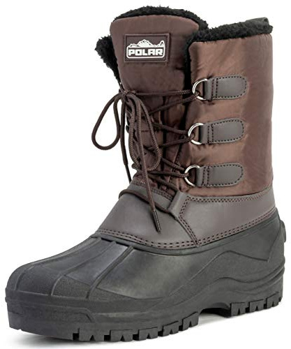 Polar Mens Mid Calf Snow Boots - Waterproof Insulated Winter Boots - Faux Fur Lined Outdoor Casual Footwear - Lace Up Non Slip Sole for Cold Weather - Brown - UK8/42