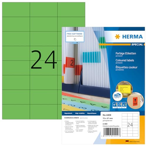 HERMA 4409 Farbige Etiketten grün, 100 Blatt, 70 x 37 mm, 24 pro A4 Bogen, 2400 Stück, selbstklebend, bedruckbar, matt, blanko Papier Farbetiketten Aufkleber