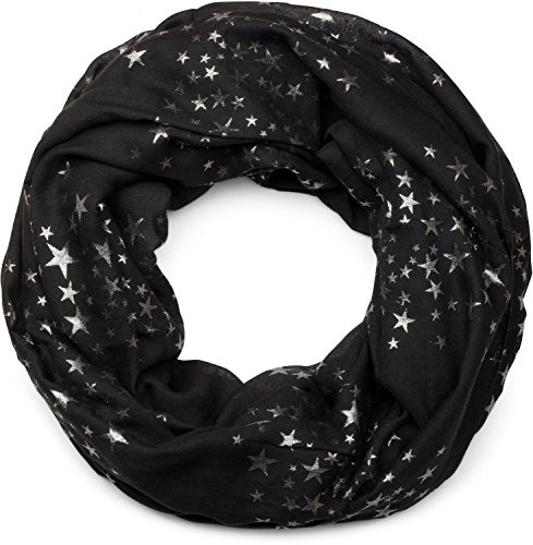 styleBREAKER Damen Loop Schal mit Metallic Sterne Print | Glitzer Schlauchschal ca. 89 x 75 cm | Leichter Rundschal für Frühjahr & Herbst, Farbe:Schwarz