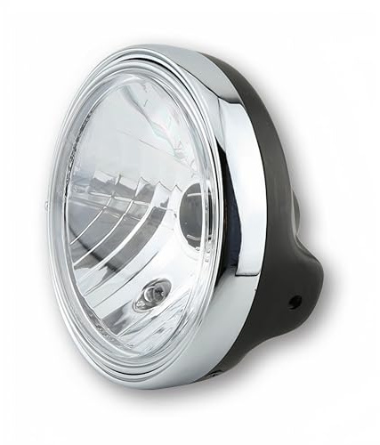 SHIN YO Hauptscheinwerfer 12 V H4, Klarglas, Gehäuse schwarz, Scheinwerferring verchromt