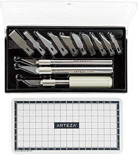 ARTEZA Model Making Tools - Set of 17, Includes Precision and Trimming Handles, 13 Assorted Carbon Steel Caps, Cutting Mat, for Craft and DIY Projects