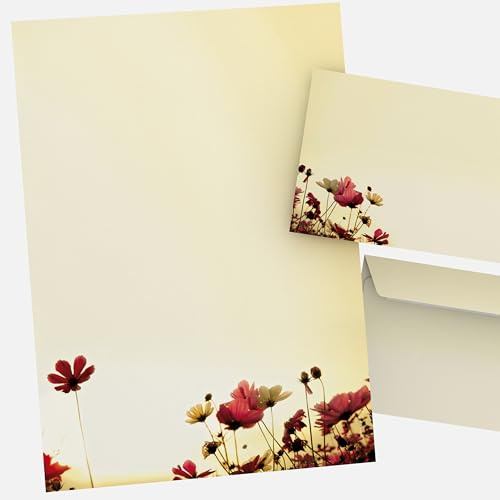 Briefpapier Set mit Umschlägen „Sunny Flowers“ – 200 Teile: 100 Blatt Motivpapier DIN A4 & 100 Briefumschläge DIN LANG – Blumen Design für Briefe