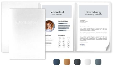 5 Stück 3-teilige Bewerbungsmappen Kristall-Weiß Metallic - inkl. 5 Versandumschläge in Weiß - Premium-Qualität mit hochwertiger Prägung BEWERBUNG - direkt vom Hersteller STRATAG