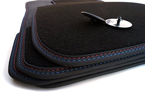 Fußmatten für 1er E87 M1 (Velours, Premium) Tuning Autoteppich mit Doppelnaht Rot Blau M-Edition 4-teilig