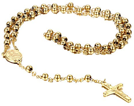 Flongo Rosenkranz Kette Männer- und Frauenkette aus Edelstahl mit Jesus-Kreuz Anhänger Gold Golden, 30,7 Zoll
