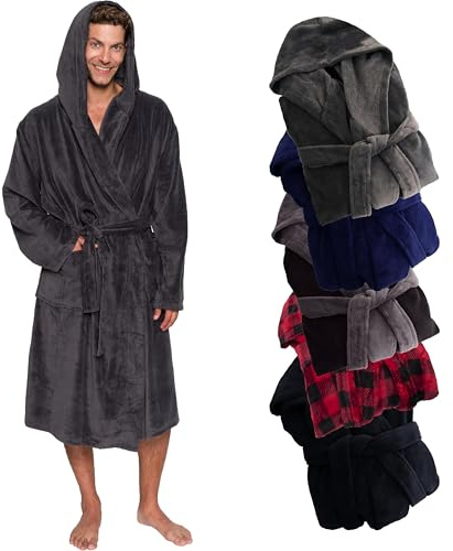 Ross Michaels Mens Robe Hooded Wrap Style - Mid Length Plush Fleece Bathrobe (Gray, Large/X-Large)