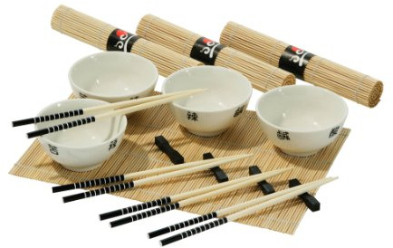 16pc Chinese Dining Set, 4 weiße Porzellanschalen, 4 Bambusmatten, 4 Bambus Easstäbchen, 4 Reste