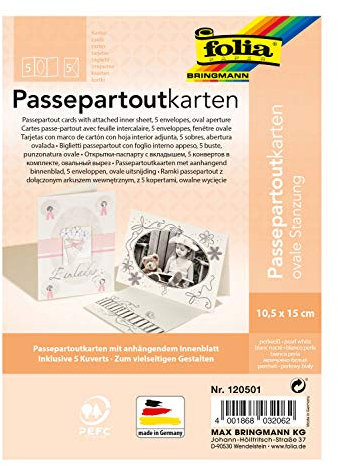 folia 120501 - Passepartouts mit ovaler Stanzung, ca. 10,5 x 15 cm, 5 Karten (220 g/qm) und Kuverts, perlweiß - ideal für Einladungen, Glückwunsch- oder Grußkarten