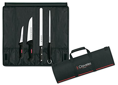 3 Claveles Set de 3 Corte de Jamón Profesional, Incluye Cuchillo Carnicero, Deshuesador y Jamonero Alveolado, Chaira y Estuche Portacuchillos, Tela, Negro, 0 cm