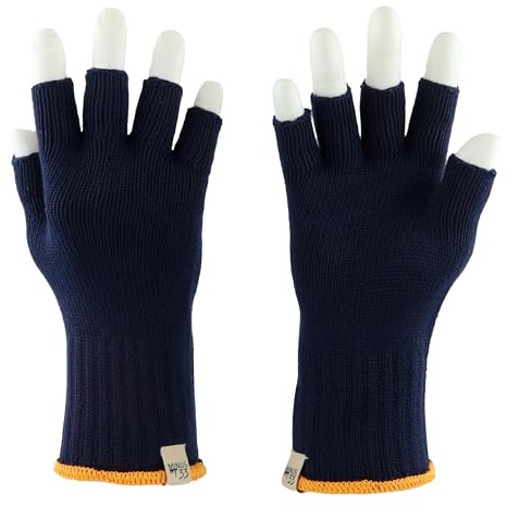 Merino Wool Fingerless Gloves - Hunting and Fishing Liner - Half Finger Warm Knitted Gloves - Navy - Large