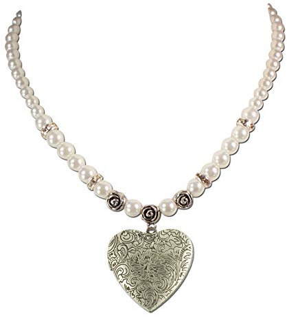 Trachtenkette Perlen & Amulettherz - Damen Perlenkette mit Strass, Dirndlkette Trachtenherz Amulett zum Öffnen für Trachtenbluse, Trachtenschmuck fürs Oktoberfest Dirndl-Schmuck (creme-weiß)