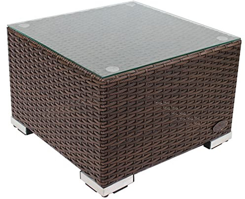 RS Trade® Exclusive 'Toscana' Polyrattan Beistelltisch mit verstärktem Alu-Gerüst und Temperglas Tischplatte (bis 90 kg als Hocker nutzbar), mit Spannbändern und höhenverstellbaren Standfüßen; Braun