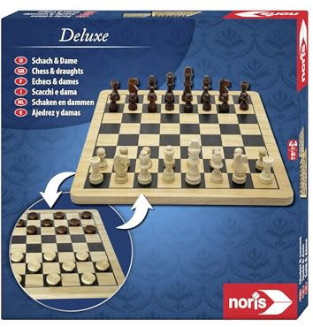 Noris Deluxe Schach und Dame – Spieleklassiker in wertiger Holzausführung, Strategiespiel mit Holz‑Spielbrett, 32 Schachfiguren & 24 Dame‑Steinen, Holz‑Edition für 2 Spieler ab 6 Jahren