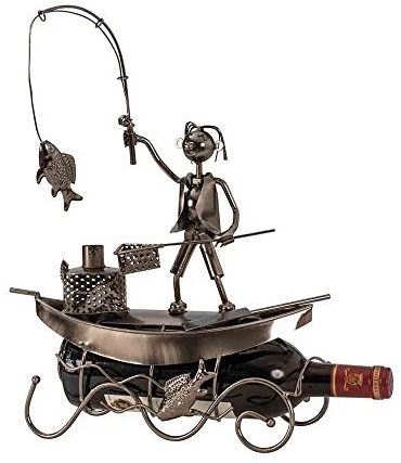 Moderner Wein Flaschenhalter Fischer im Boot aus Metall Höhe 39 cm Breite 29,5 cm