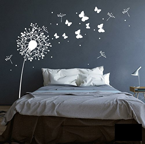 Wandtattoo Wandaufkleber Aufkleber Pusteblume mit süßen Schmetterlingen M1348 - ausgewählte Farbe: *Schwarz* ausgewählte Größe:*L 200cm breit x 180cm hoch