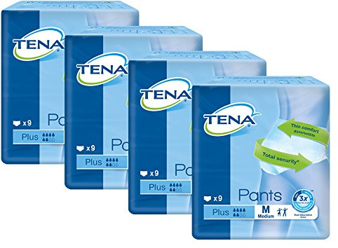 Tena Pants Plus Inkontinenz Hosen für mittlere bis starke Blasenschwäche extra saugstarke Einweghosen für mehr Komfort und Diskretion plus Schutz vor Gerüchen, 4er Pack (4 x 9 Stück), mittel (M)