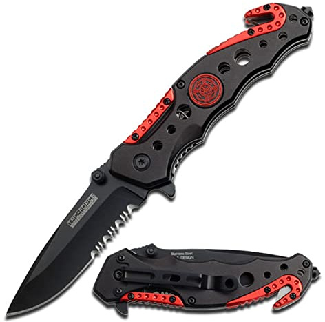 Tac-Force- Folding Pocket Knife – Black Partially Serrated Blade with Black and Red Aluminum Handle, Rope Cutter, Glass Punch and Pocket Clip, Tactical, EDC, Rescue - TF-723FD