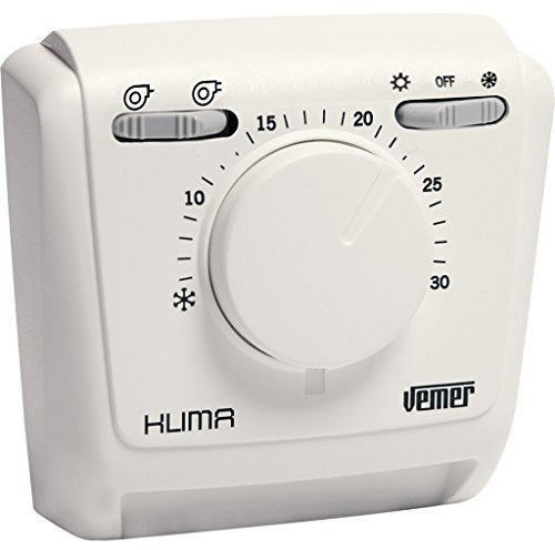 VEMER VE024600 KLIMA 2V - Termostato Meccanico a Membrana a Gas per Ventilconvettori (fan-coil), Funzione Riscaldamento/Condizionamento, Selettore 2 Velocità e Selettore Estate/Inverno/OFF, Bianco