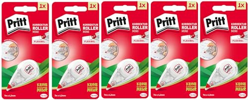 Pritt Mini Korrekturroller, perfekte Deckkraft ohne zu verschmieren, mit Präzisionsspitze für genaues Korrigieren, 4,2 mm x 7 m, 5-er Pack