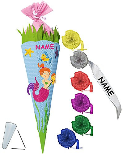 alles-meine.de GmbH BASTELSET Schultüte - Nixe - Meerjungfrau & Fische - 85 cm - incl. individueller Schleife + Name - mit/ohne Kunststoff Spitze - Zuckertüte - Set zum sel..