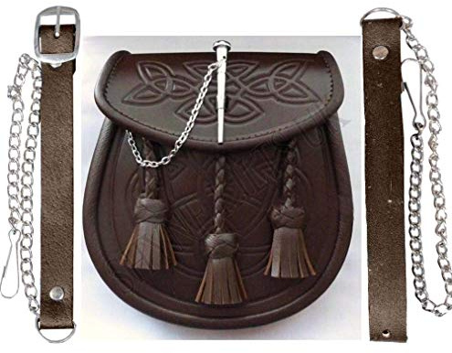 Kilt Escarcelle Celtique Ciselé Cuir Brun Loquet Broche Détail et Chaîne pour Kilts (Taille:Adulte)